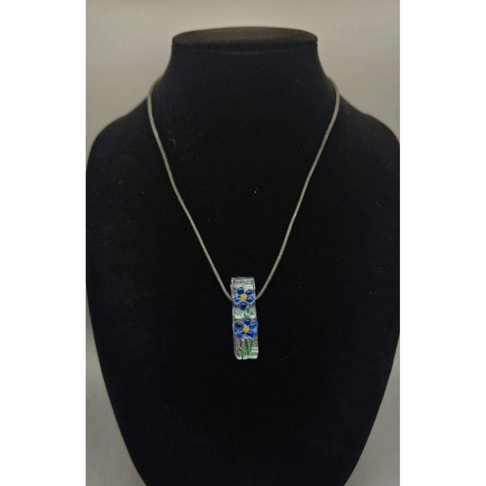 Fused Glass Pendant Necklace Cord Blue Floral Artisan Handcrafted